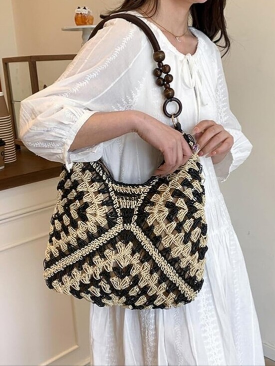 Handbags - Woven Crochet Hobo Bag with Wooden Bead Handle - Black & Natural